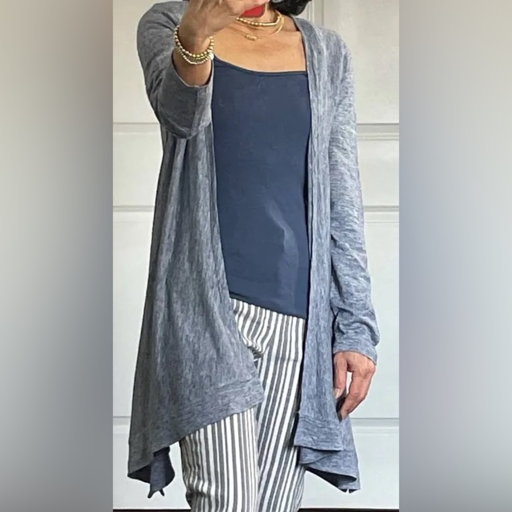 Tahari 100% Linen Open Front Longline Cardigan. Size Medium. Blue Slate.